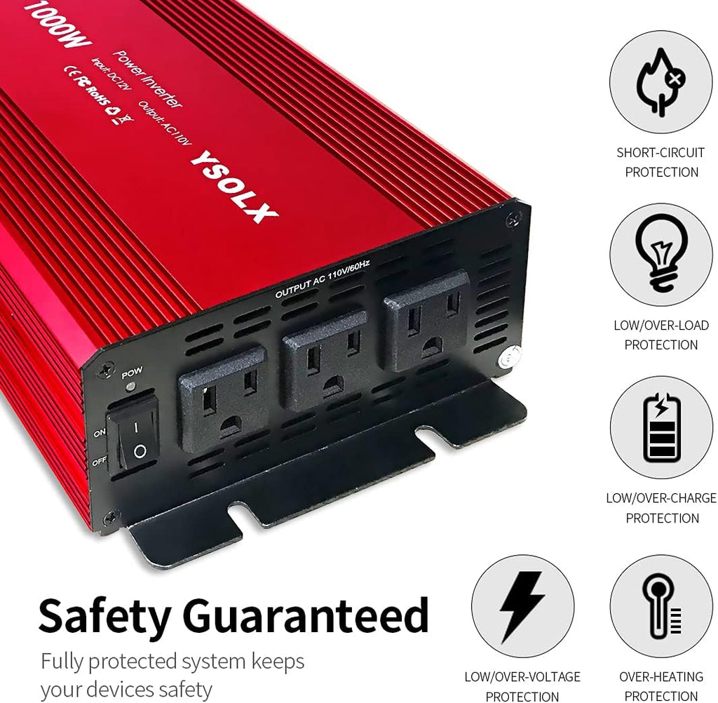 1000W Modified Sine Wave Power Inverter with 3 AC Outlets A726