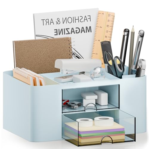 Blue Plastic Desk Organizer with 2 Drawer and 5 Compartments A607591