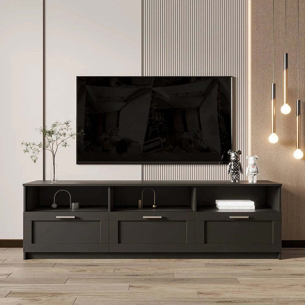 Black TV Stand with Storage Drawers and Open Shelves P869