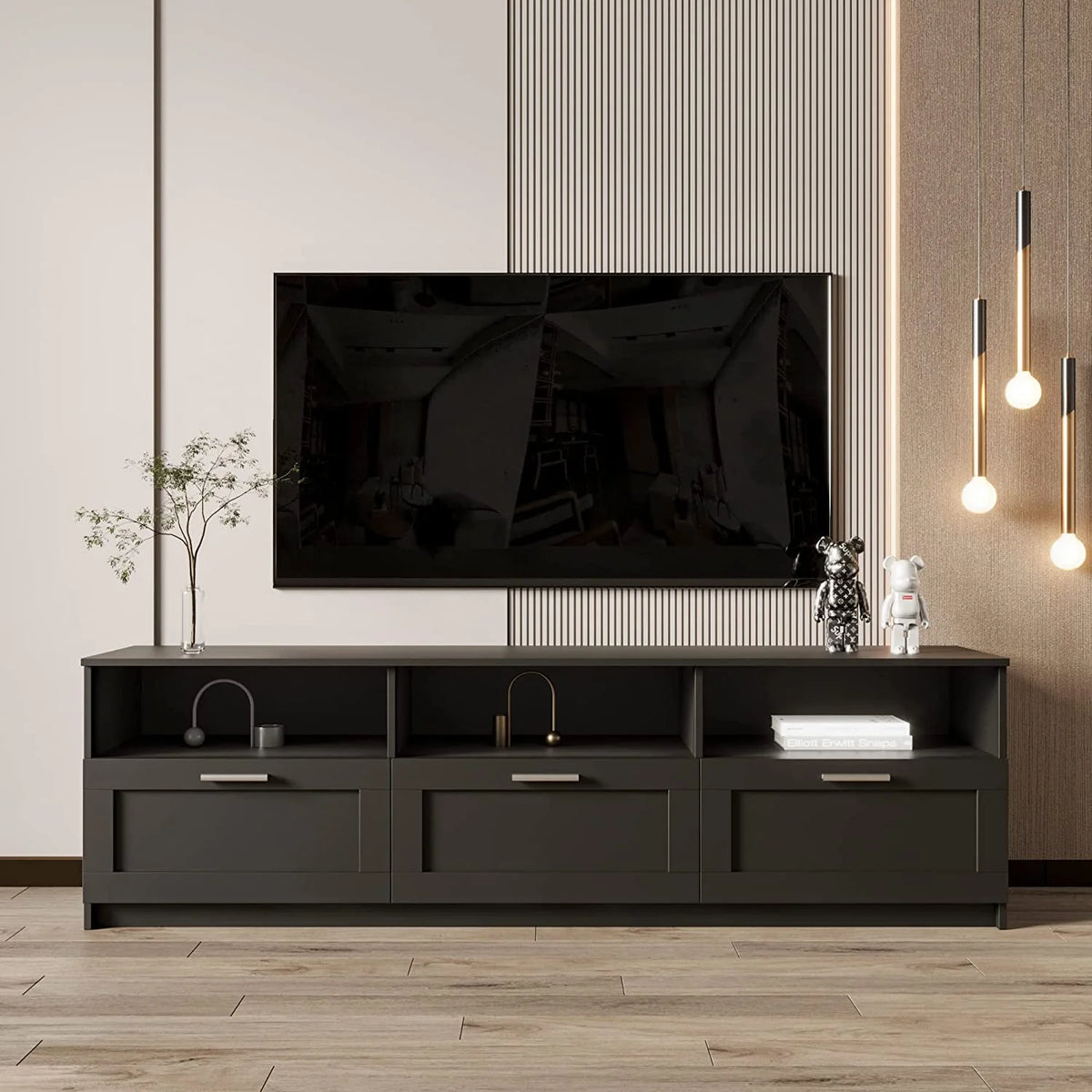 Black TV Stand with Storage Drawers and Open Shelves P869