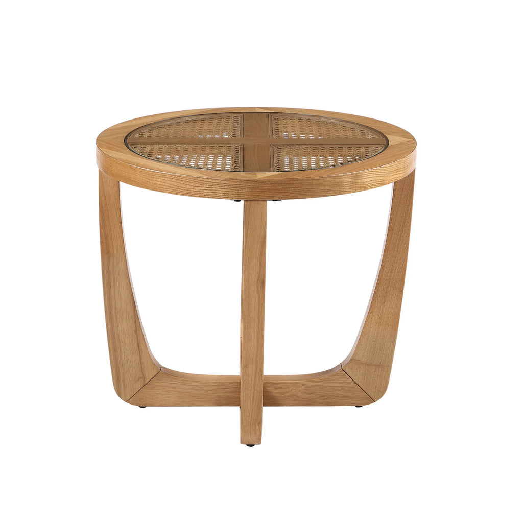 Rattan & Glass Side Table with Solid Wood Frame J5522