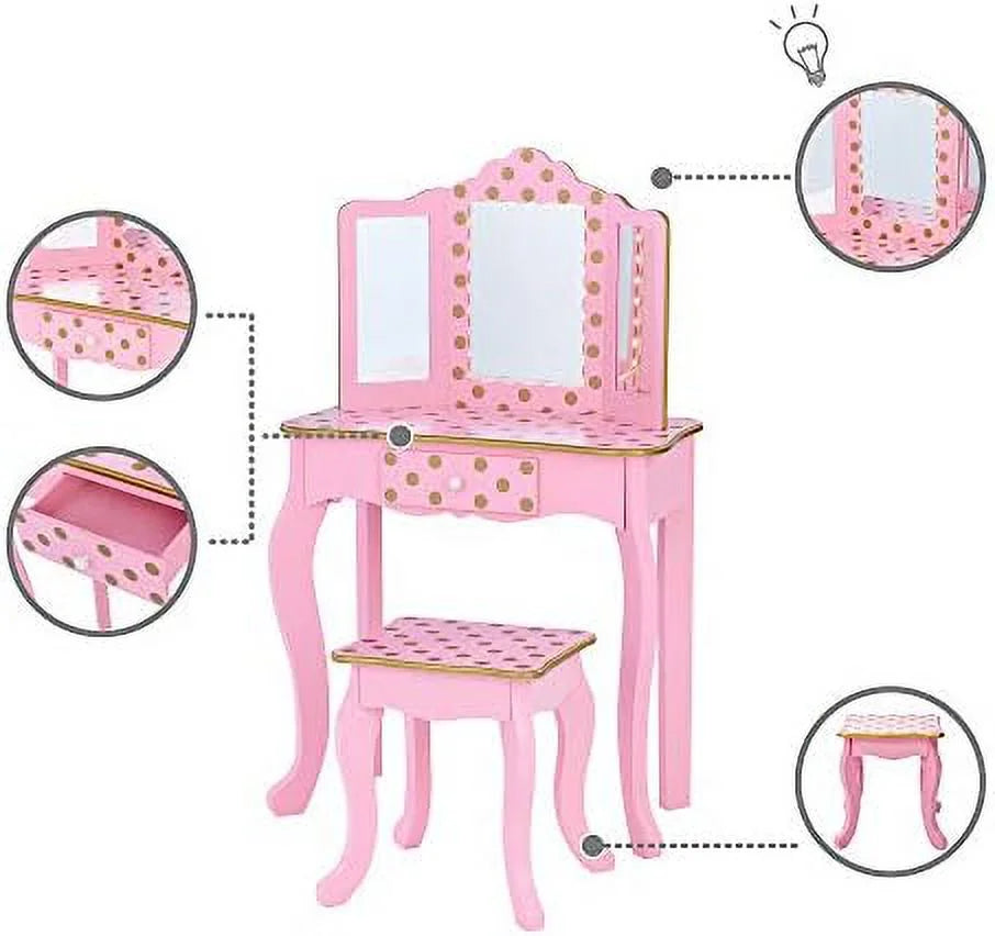Pretend Play Vanity Table and Chair Set with LED Mirror C525