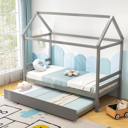Twin Size Grey Wood House Bed with 2 Drawers M9742