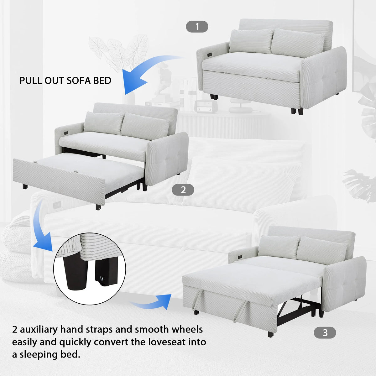 2-Seater Pull-Out Sofa Bed with Adjustable Backrest and USB Port N60653