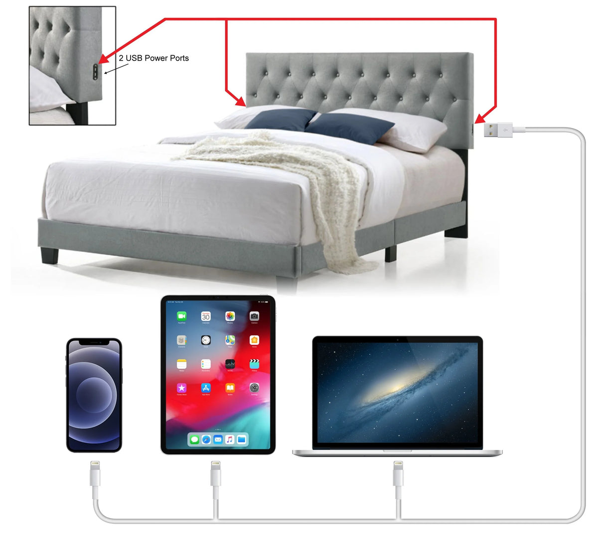 Tufted Bed with USB Power Connection E893078