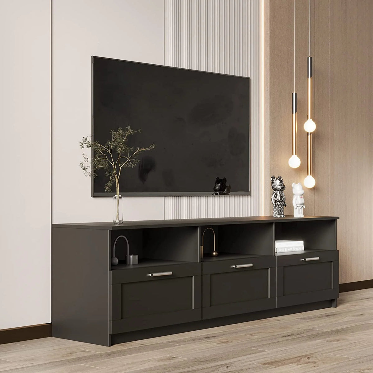 Black TV Stand with Storage Drawers and Open Shelves P869