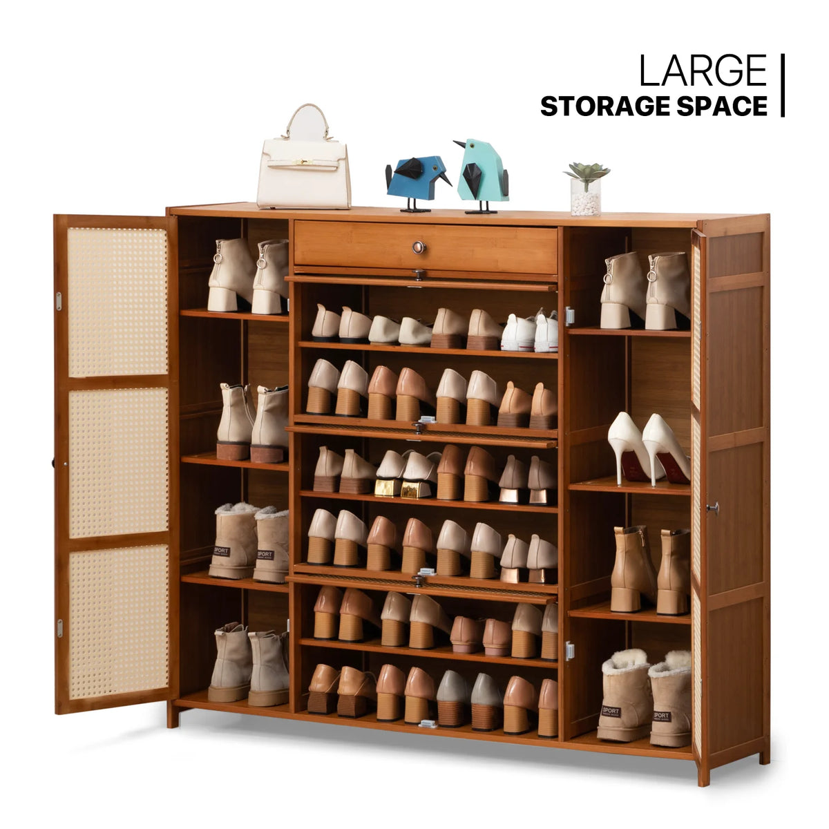 6-Tiers Rattan Shoe Storage Cabinet with Drawer, 32 Pairs, 8 Boots Compartments, Brown W95938