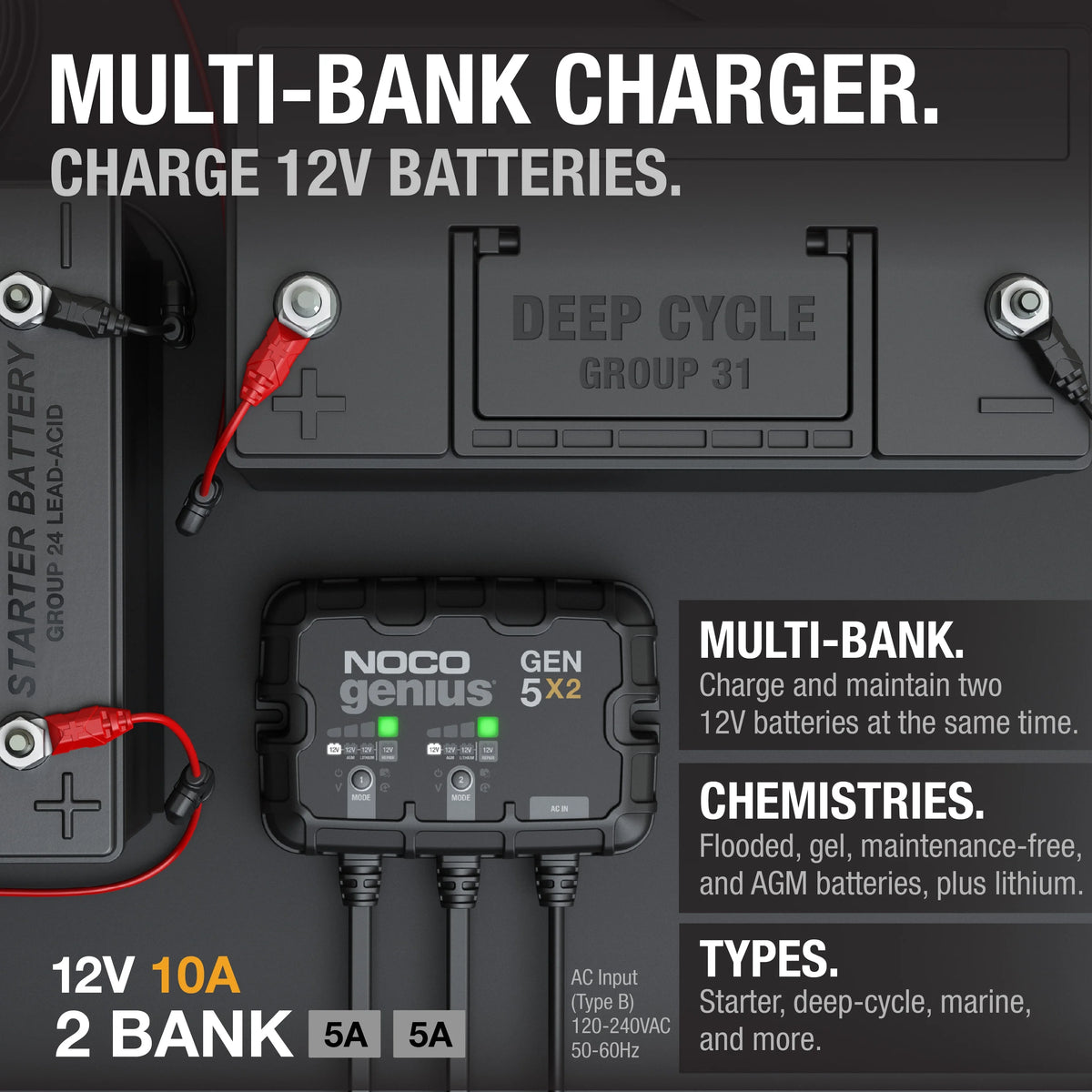 2-Bank 10A 12V Onboard Battery Charger E24598
