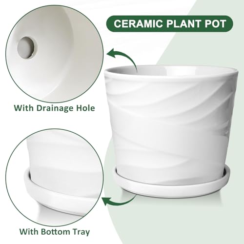 Gray White 8 Inch Ceramic Plant Pot with Drainage and Saucer U13723