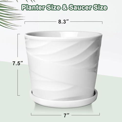 Gray White 8 Inch Ceramic Plant Pot with Drainage and Saucer U13723