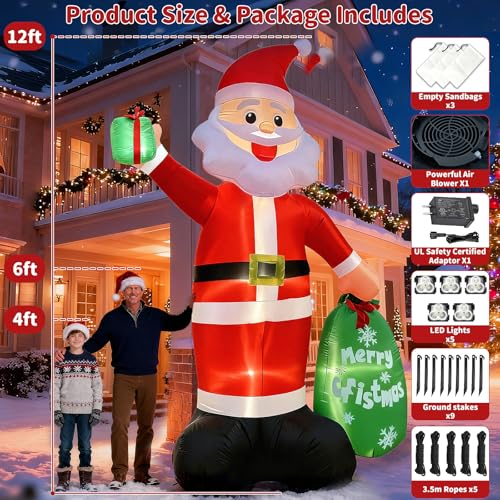 12FT Giant Christmas Inflatable Santa Claus with LED Lights and Gift Bag I77368
