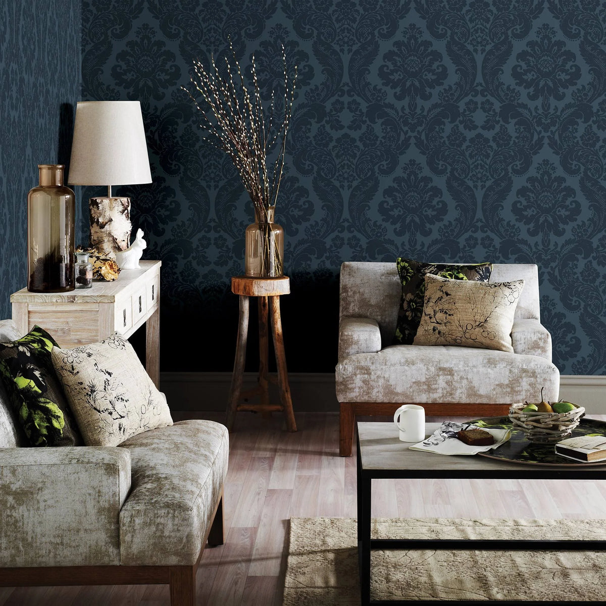 Shadow Blue Damask Wallpaper D25167