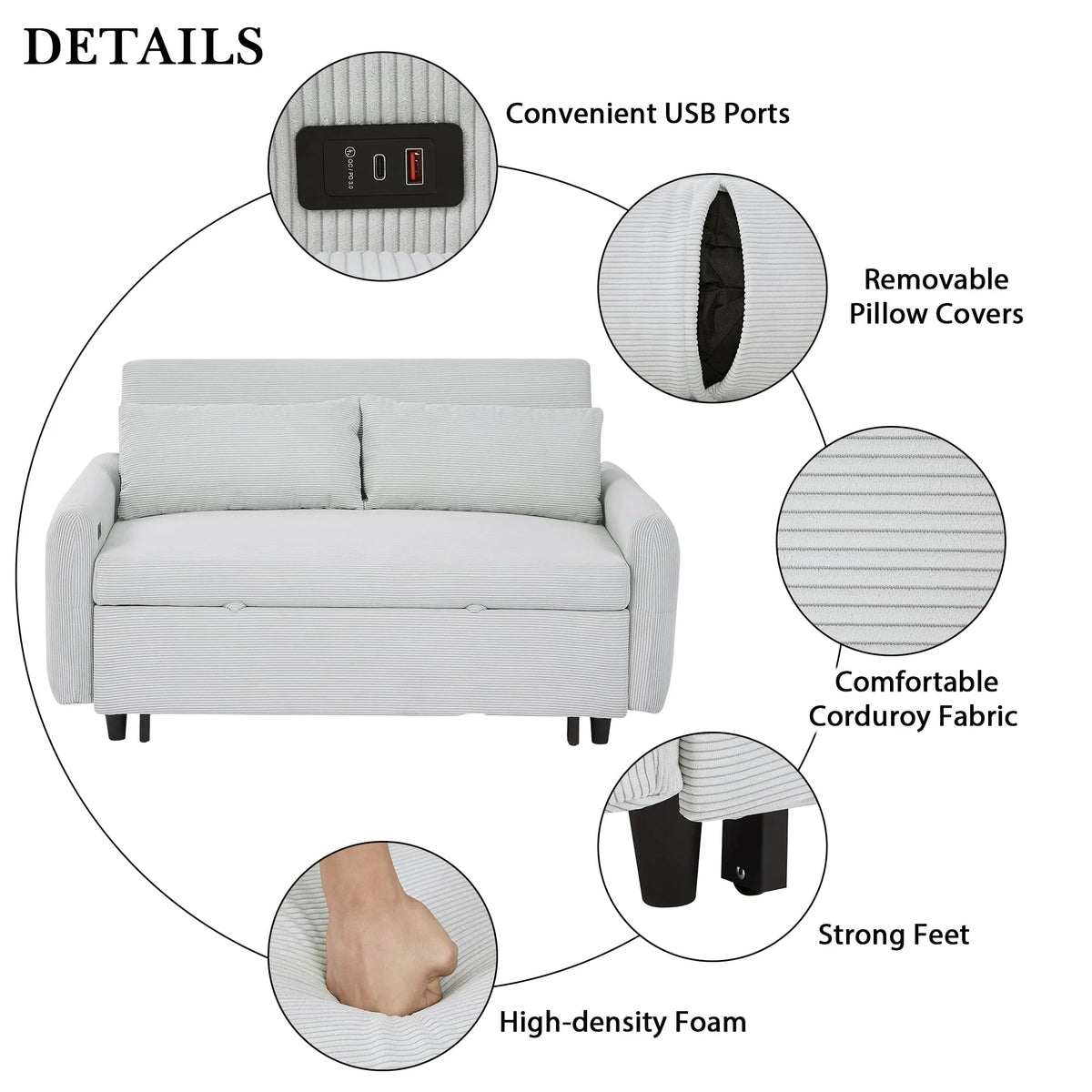 2-Seater Pull-Out Sofa Bed with Adjustable Backrest and USB Port N60653