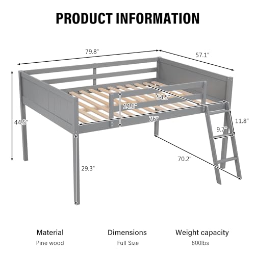 Wood Low Loft Bed with Ladder and Guardrail, Twin Size, Grey G785