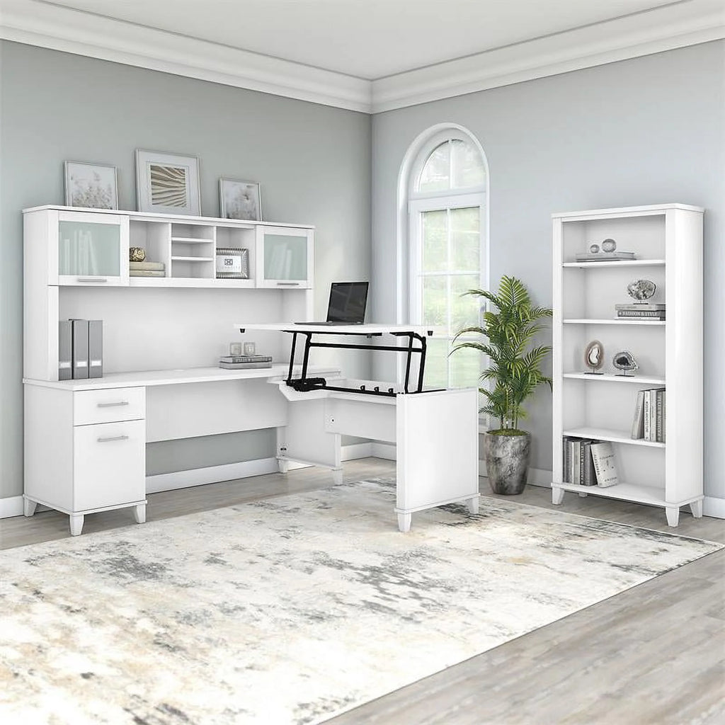 White Engineered Wood Sit to Stand Desk with Hutch and Bookcase D276