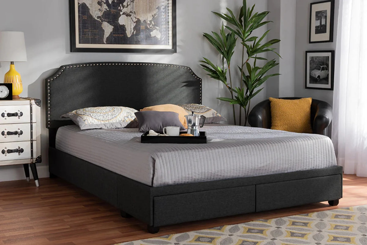 Dark Grey Fabric Upholstered 2-Drawer Queen Size Platform Storage Bed K3364