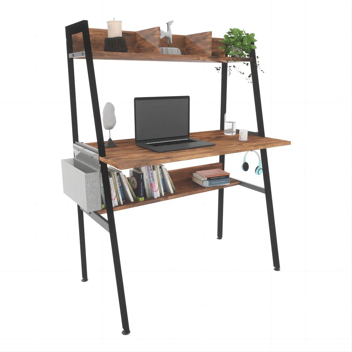 Brown Computer Desk with Hutch and Storage Shelves M960
