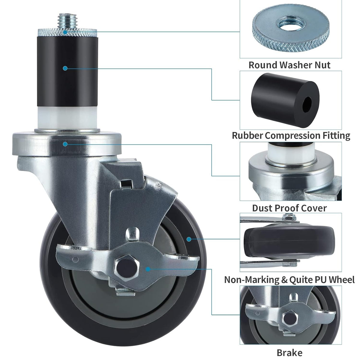 4 Pcs Stainless Steel Expanding Stem Casters Z957953