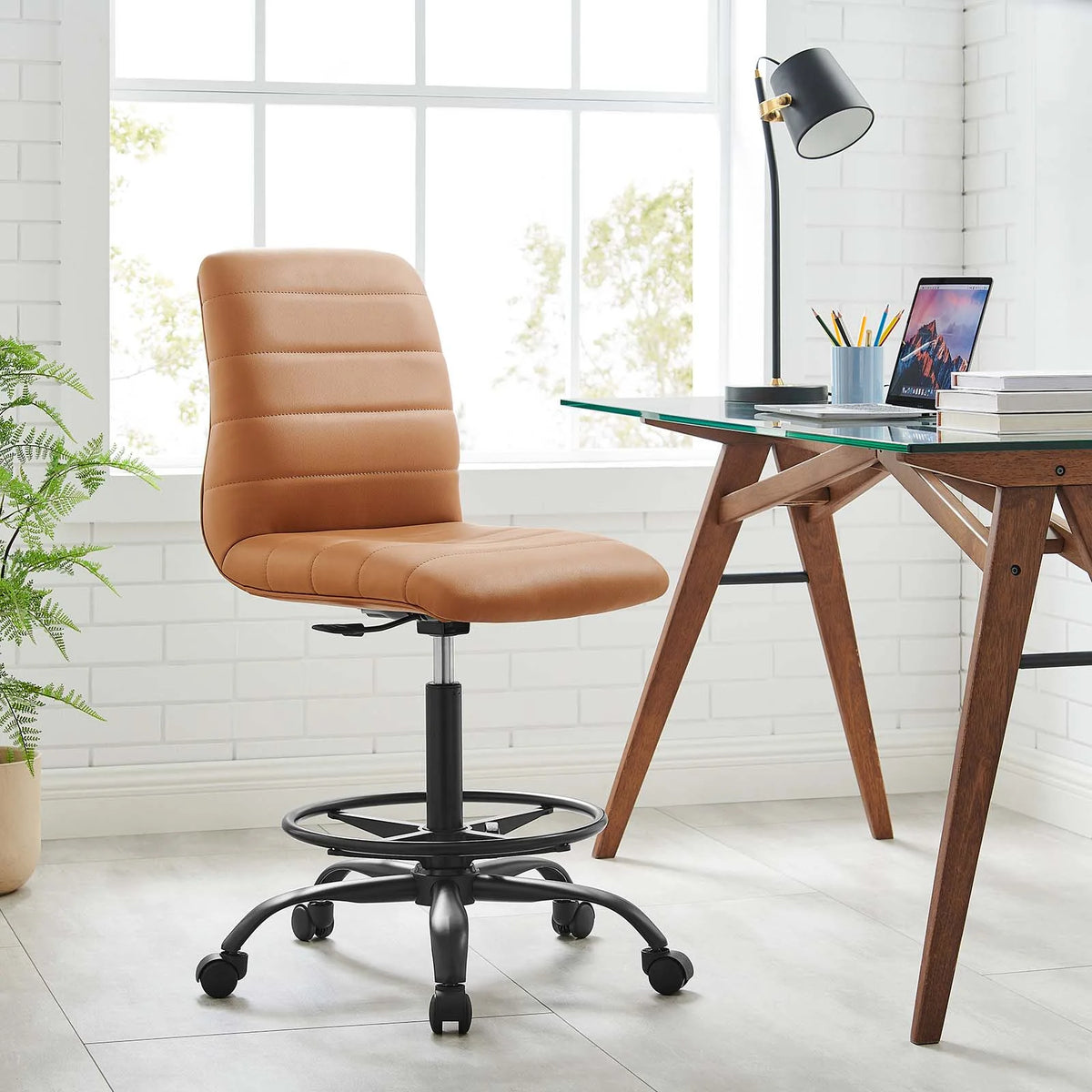 Black Tan Vegan Leather Drafting Chair H4179