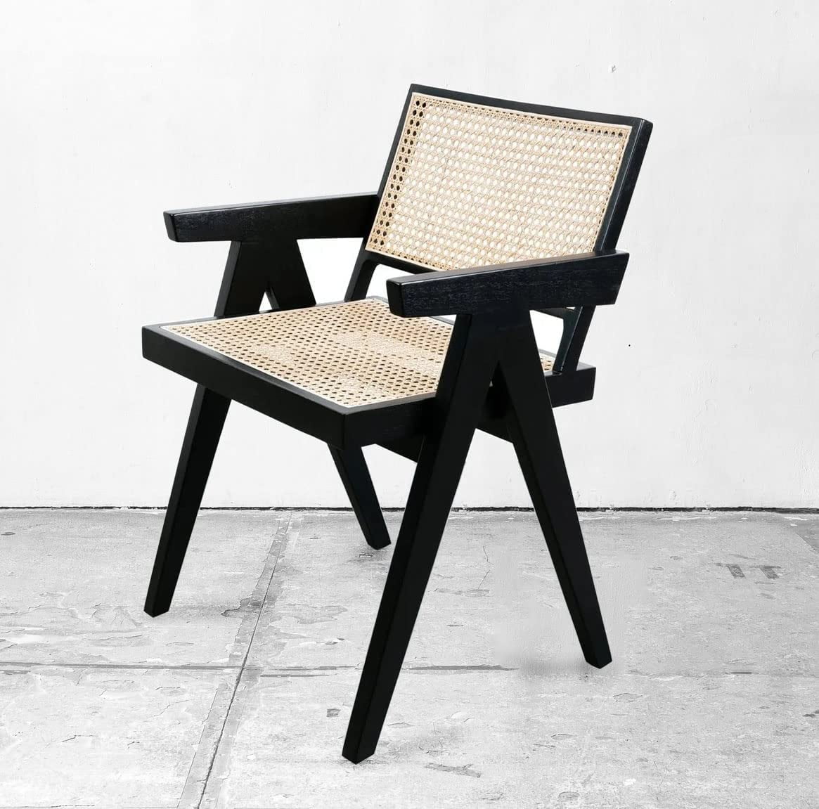 Black Rattan Cane Dining Chair with Mesh Back and Arms H212880