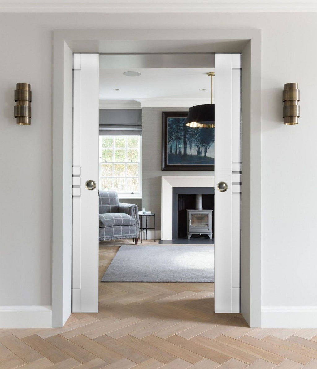 White Silk MDF Double Pocket Doors with Kit Rail Hardware T270