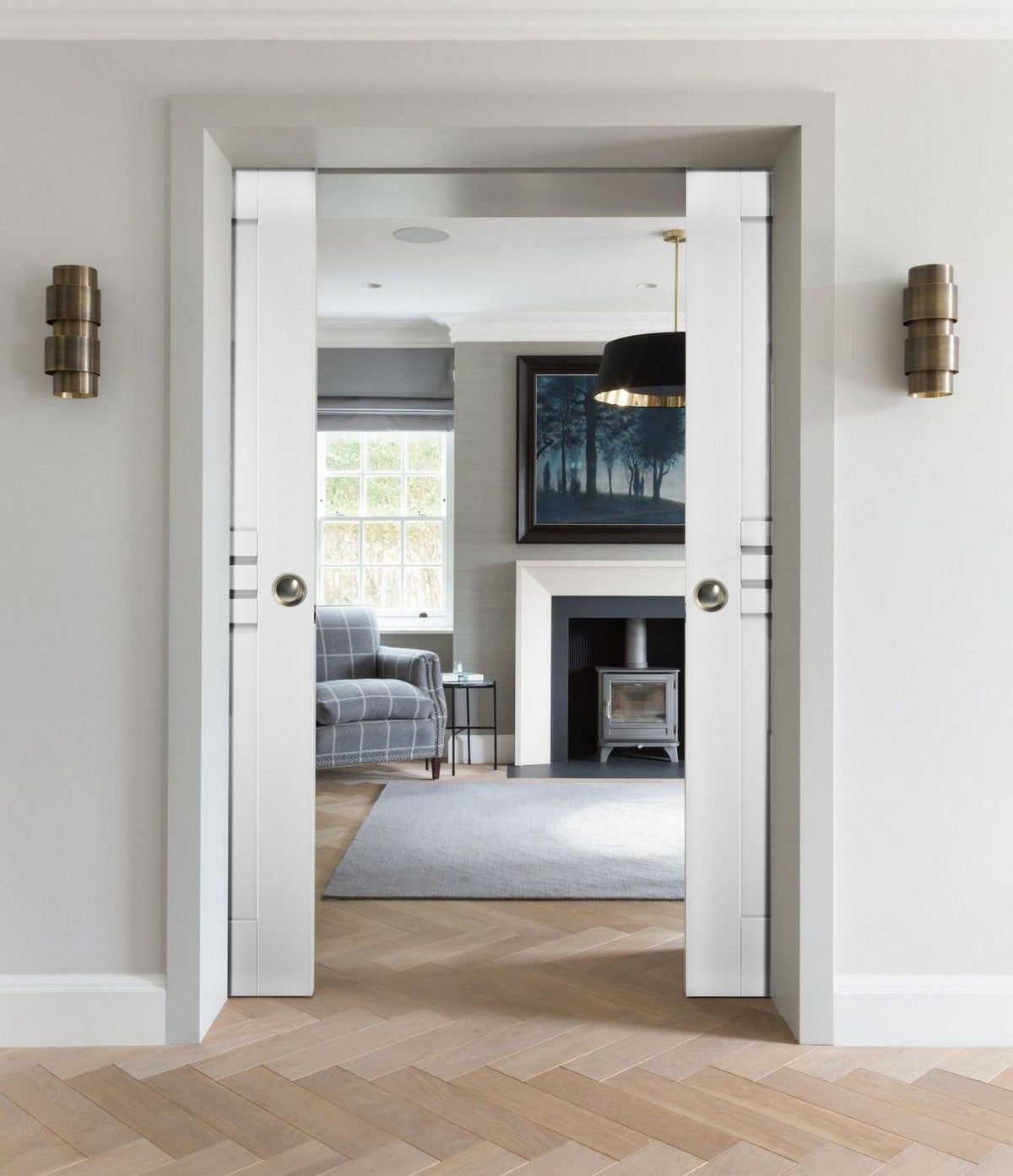 White Silk MDF Double Pocket Doors with Kit Rail Hardware T270