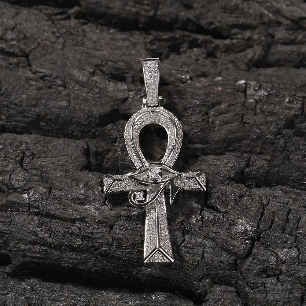 14K Gold Over Finish Simulated Diamond Eye Of Horus Ankh Cross Charm Pendant Necklace R12510