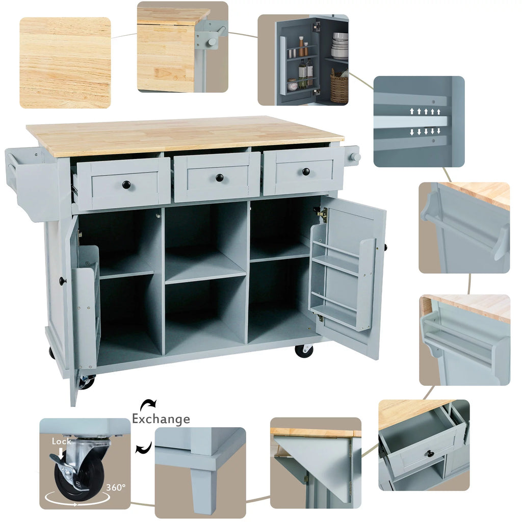 Blue Kitchen Island Cart with Drop-Leaf Countertop and 3 Drawers B267