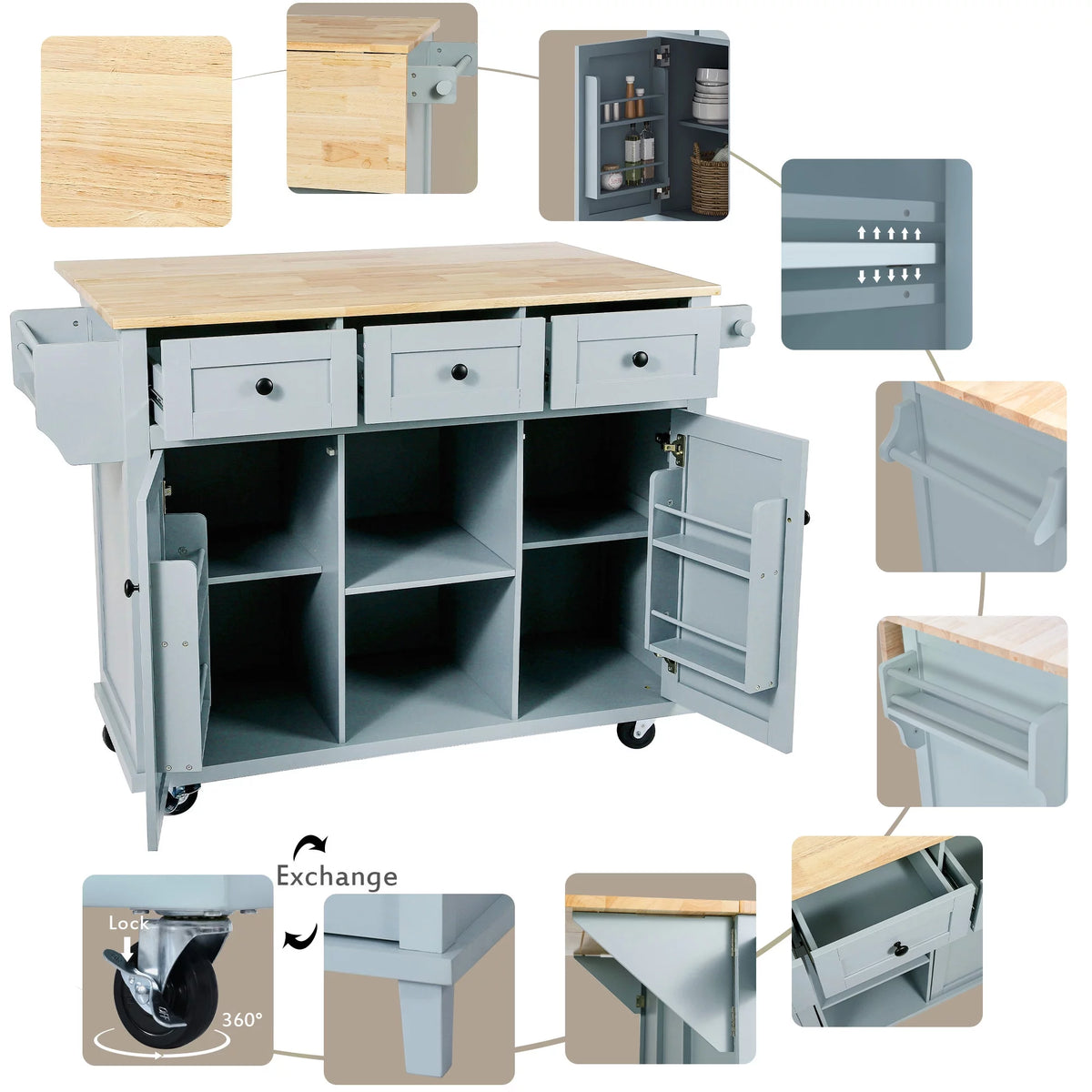 Blue Kitchen Island Cart with Drop-Leaf Countertop and 3 Drawers B267