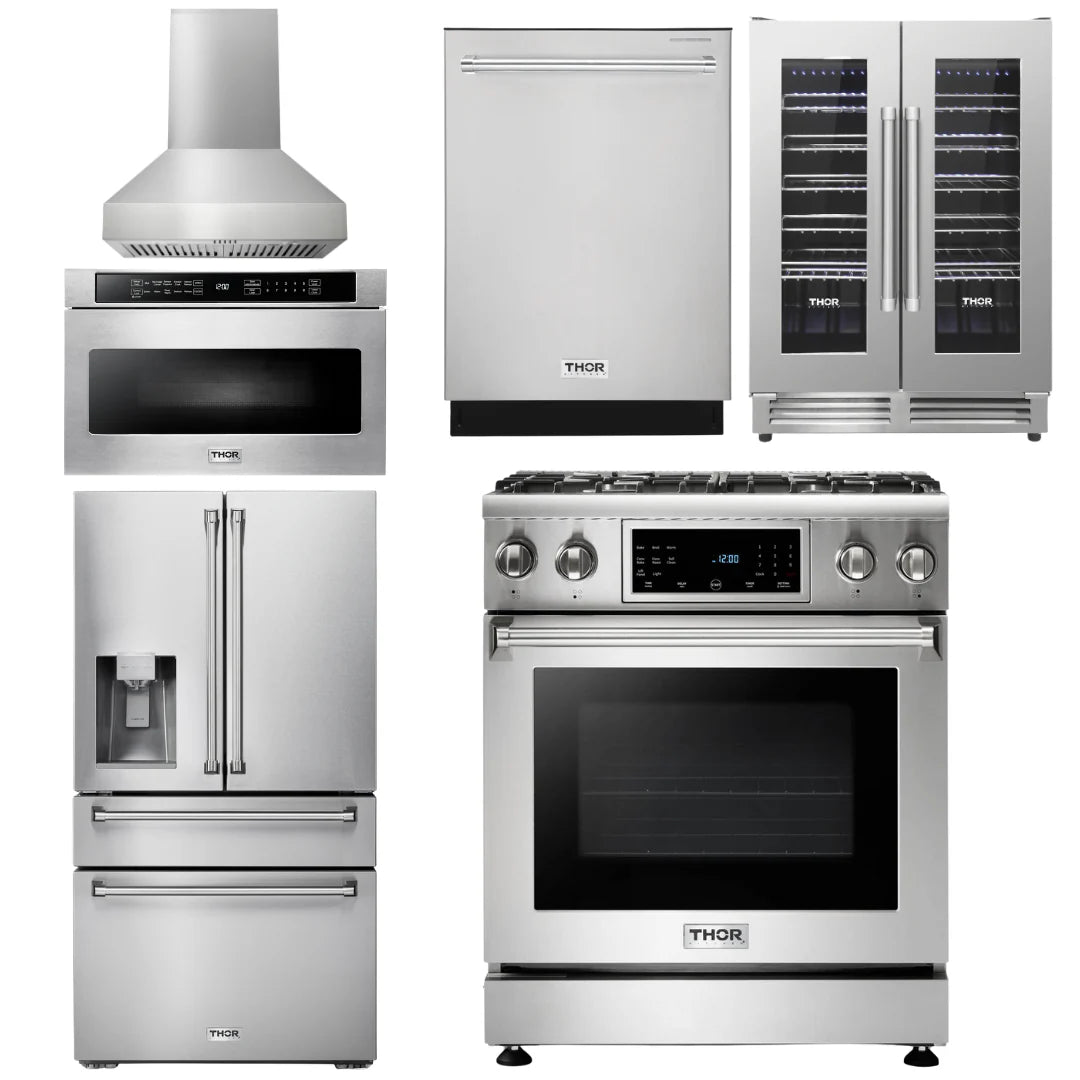30 Gas Range, Hood, Microwave, Refrigerator, Dishwasher, Wine Cooler T9384