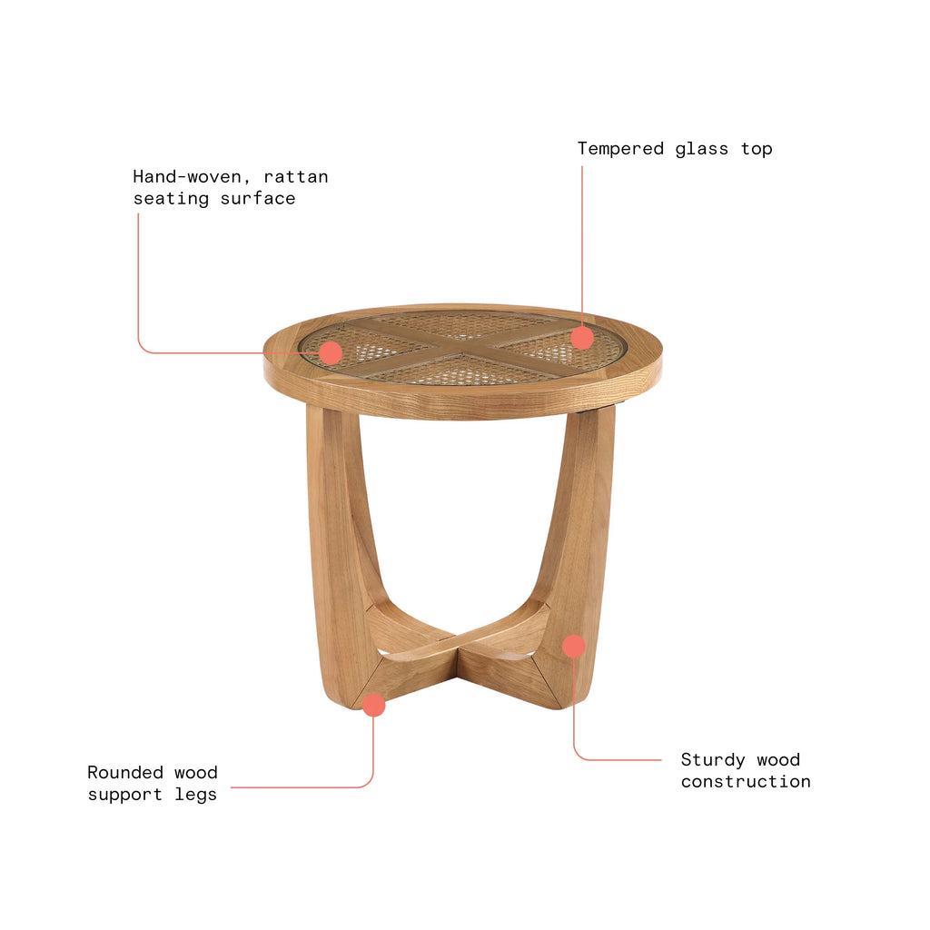 Rattan & Glass Side Table with Solid Wood Frame J5522