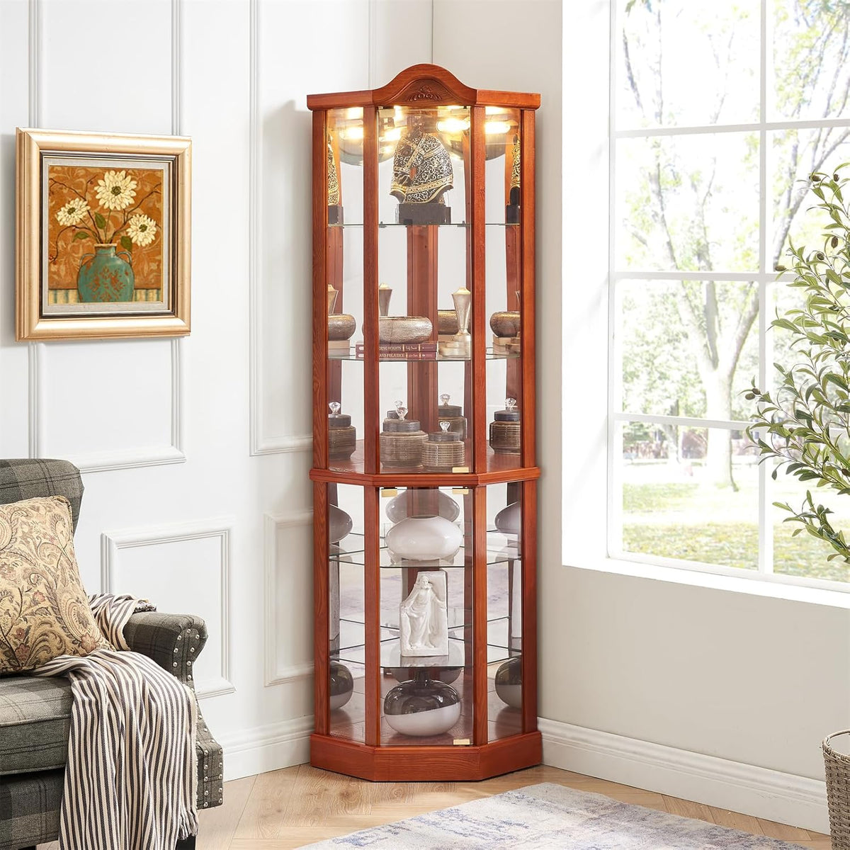 Brown Corner Curio Cabinet with Tempered Glass Doors and Adjustable Shelves M814