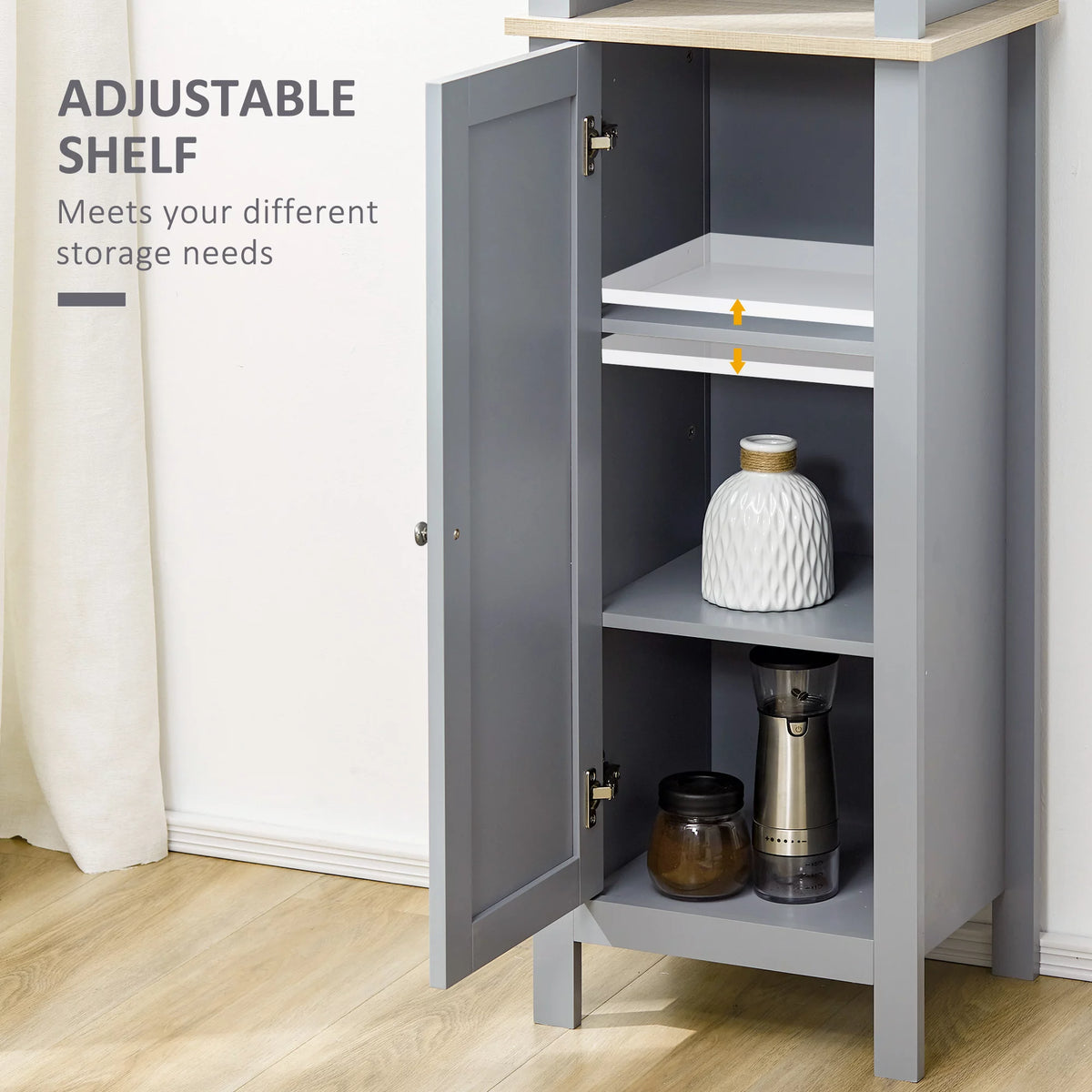 Grey Tall Bathroom Storage Cabinet with 3 Tier Shelf and Door E819538