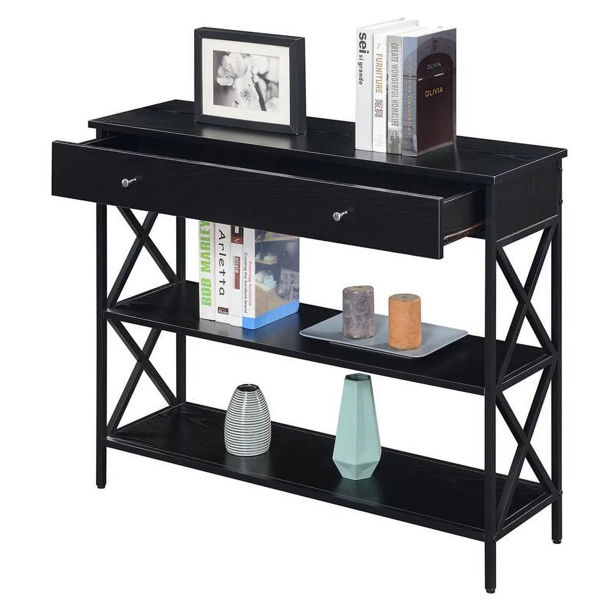 Black Wood and Metal One-Drawer Console Table D4338