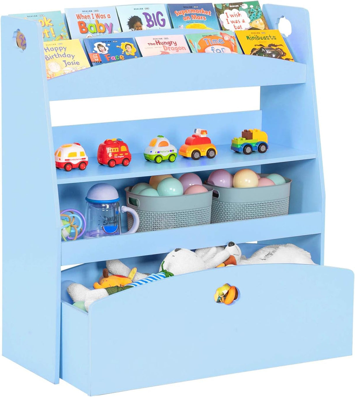 Pink 4 Shelf Toy Storage and Bookshelf with Rolling Bin B13544