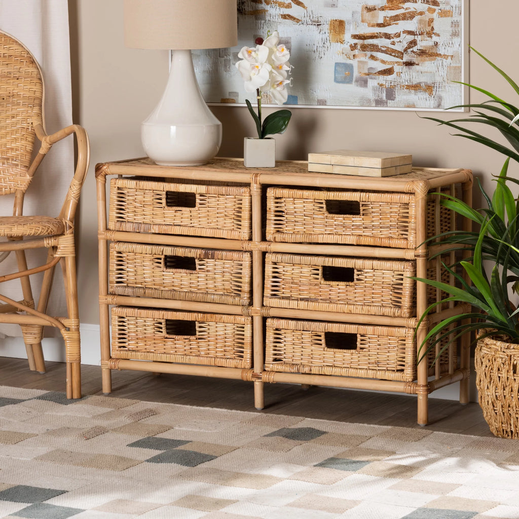 Natural Brown Rattan 6-Drawer Storage Cabinet O443