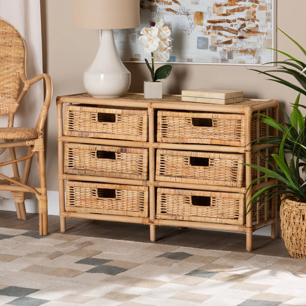 Natural Brown Rattan 6-Drawer Storage Cabinet O443