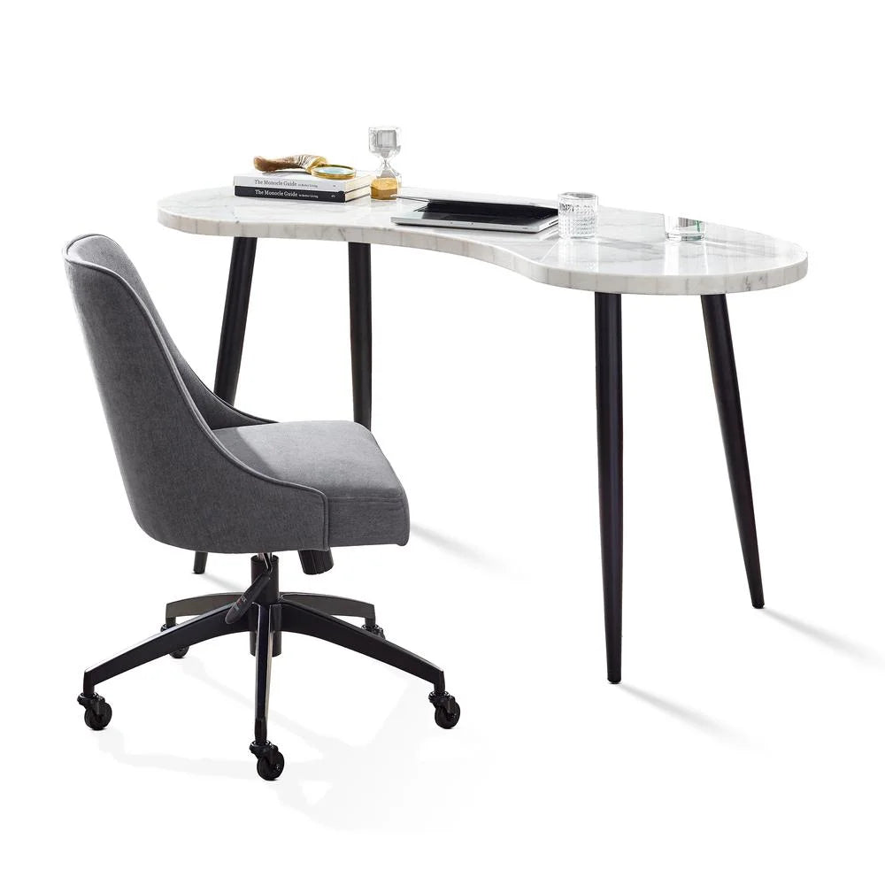 White Marble Desk and Gray Upholstered Chair Set A120037