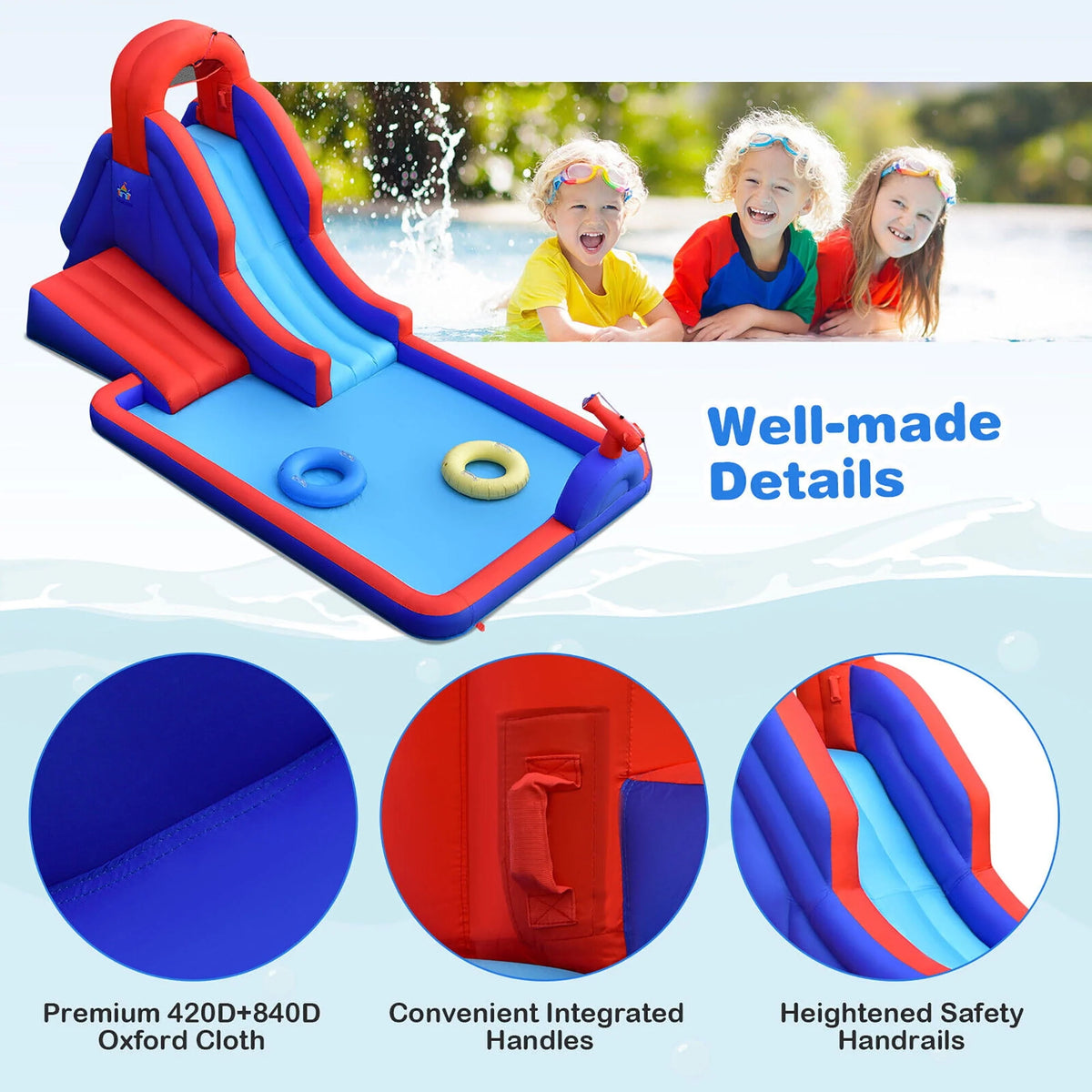 Inflatable Water Slide Park with Climb Slide Pool & 2 Swim Rings Q462449