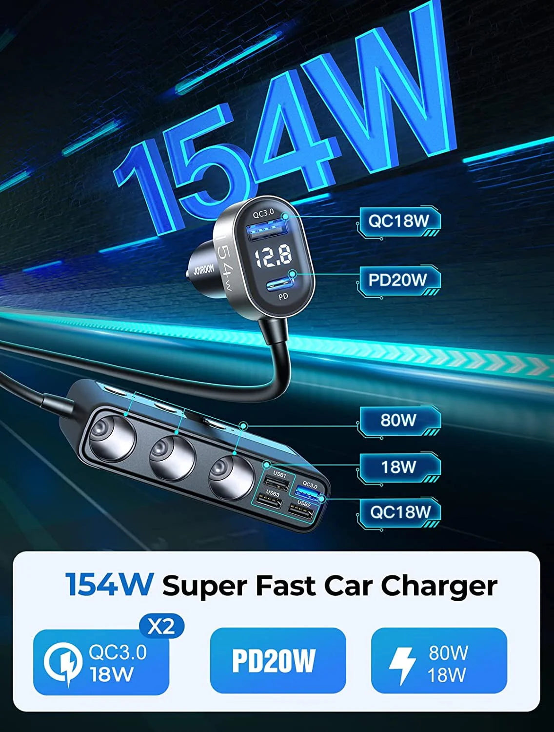 3 Socket 154W PD & QC 3.0 USB Car Charger V250