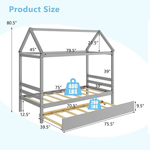 Twin Size Grey Wood House Bed with 2 Drawers M9742