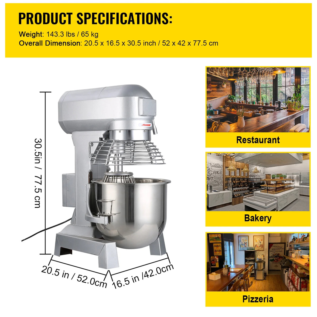 Commercial Food Mixer 20Qt 750W 3 Speeds Stainless Steel Bowl S55415