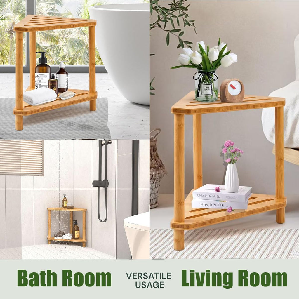 Bamboo Corner Shower Stool with Storage Shelf S55367
