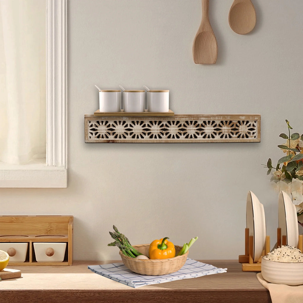 Hand-Carved Wooden Floral-Patterned Floating Wall Shelf Q732435