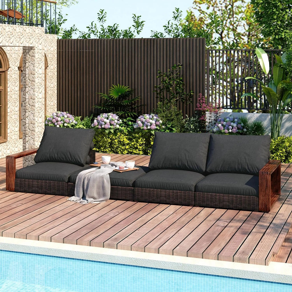 Khaki Rattan 4-Piece Deep Seating Patio Furniture Set with Wood Armrests X706975