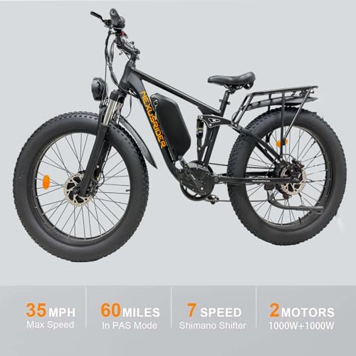 2000W Dual Motor Electric Bike, 35 Mph 60 Miles AWD Ebike, 48V 22.4Ah Fat Tire 26'' Full Suspension Hydraulic Disc Brake L97671