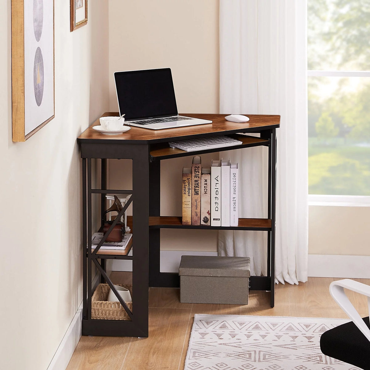Black Corner Computer Desk with Keyboard Tray D362