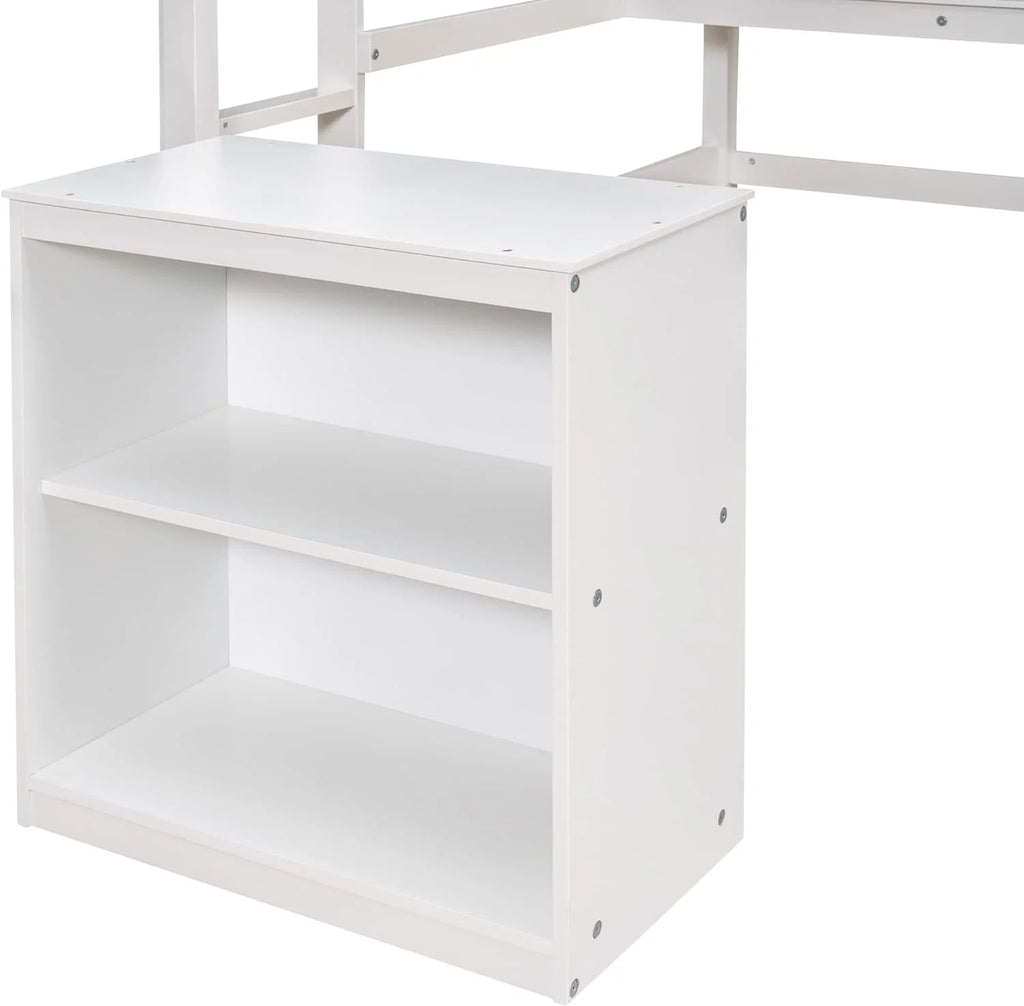 White Full Size Wood Loft Bed Frame with Desk and Storage Shelves R25158