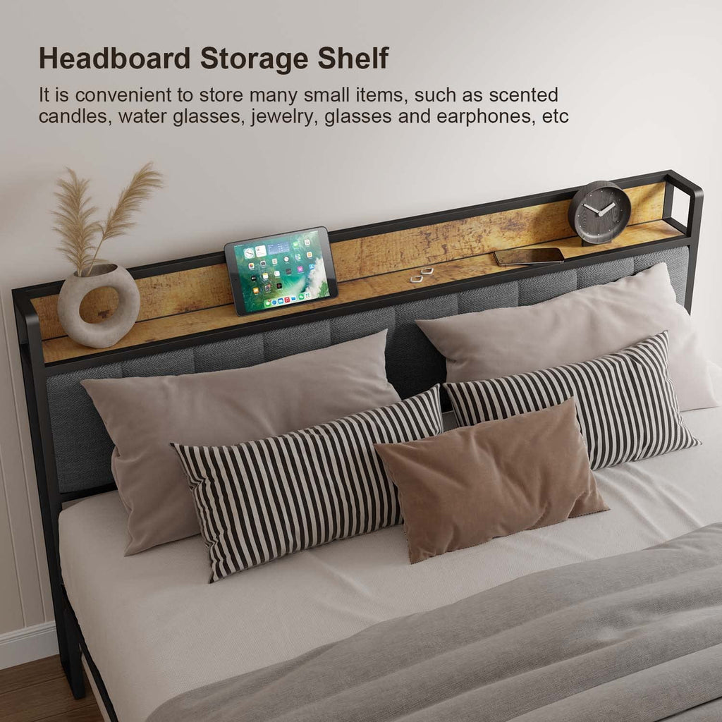 Queen Size Bed Frame with Storage Headboard Dark Grey K6500