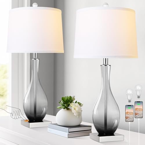 Touch Control 3-Way Dimmable Glass Table Lamps Set of 2 with USB C and A Charging Ports Y29070
